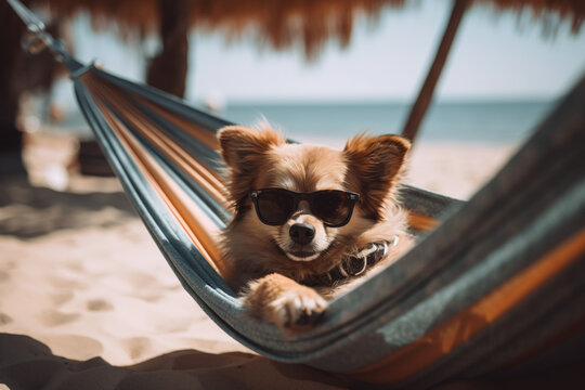 Portrait d'un chien papillon se reposant dans un hamac &agrave; la plage &raquo; IA g&eacute;n&eacute;rative
