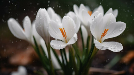 Bright cute spring crocuses in raindrops new quality universal colorful technology stock image illustration design generative ai