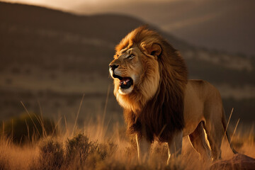 Portrait d'un lion qui rugit dans la savane » IA générative