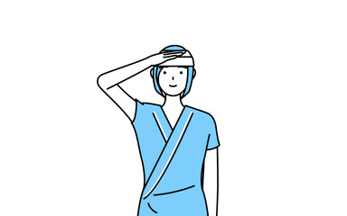 最敬礼する頭に包帯を巻いた女性入院患者
