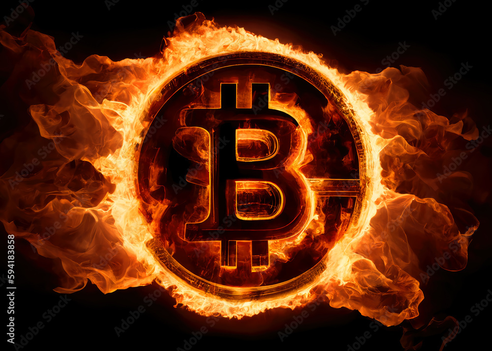 Poster bitcoin on fire background. generative ai.