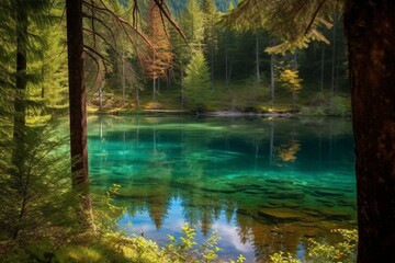 Magic lake in forest. Generative AI