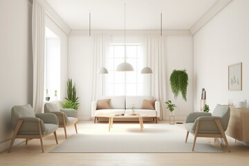 Front view on bright studio room interior with sofa, armchairs. Generative AI