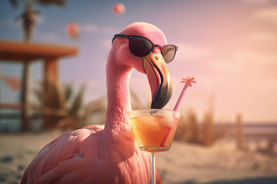 Portrait d'un flamant rose buvant un cocktail en vacances &raquo; IA g&eacute;n&eacute;rative