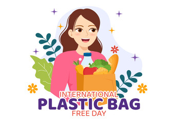 International Plastic Bag Free Day Vector Illustration with Go green, Save Earth and Ocean in Eco Lifestyle Flat Cartoon Hand Drawn Templates