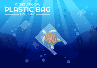 International Plastic Bag Free Day Vector Illustration with Go green, Save Earth and Ocean in Eco Lifestyle Flat Cartoon Hand Drawn Templates