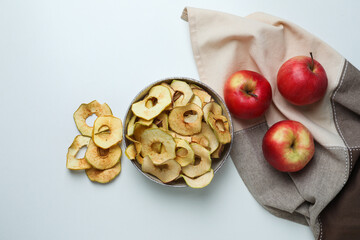 Concept of tasty food, dried apple chips, top view