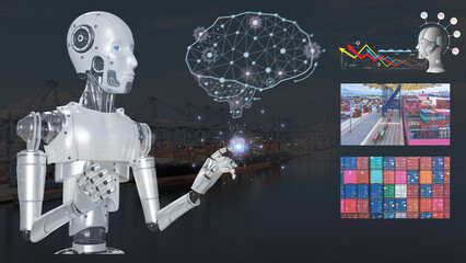 Artificial intelligence technology for futurist automatic global business freight container cargo shipping logistic  transportation, AI technology for business logistic and transportation concept.