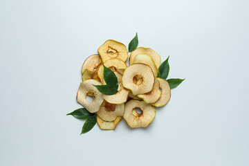 Concept of tasty food, dried apple chips, top view