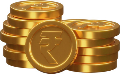 Stack of a gold rupee coin currency market financial or investment money banking treasure wealth cash and golden rupee pile economy with business earnings profit sign. 3D render	