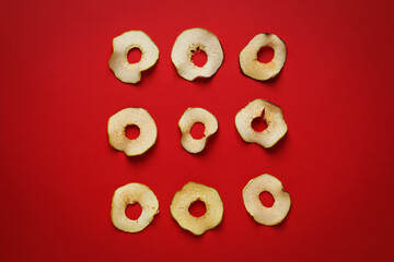 Concept of tasty food, dried apple chips, top view