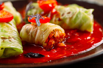 Russian cabbage rolls golubtsy stuffed with minced beef and rice