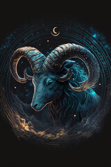 Capricornus zodiac sign, on a dark starry night, creates an enchanting astrological design that symbolizes spiritual energy and the mystery of the future.