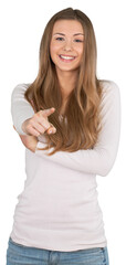 Smiling Woman Standing and Pointing Finger on You - Isolated