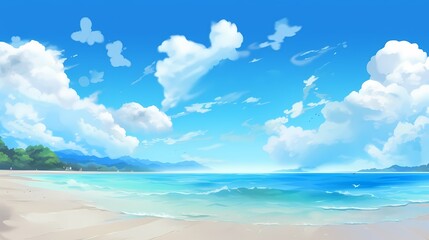Fototapeta premium 青い海と空と雲の風景のアニメ風イラスト generative ai