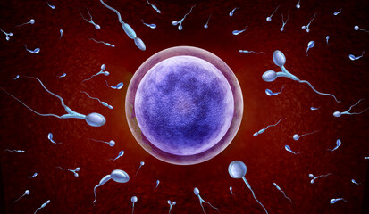 Sperm disorder and Male Infertility and reproduction concept as abnormal microscopic sperm or spermatozoa cells swimming towards an egg cell to fertilize as a urology symbol  - obrazy, fototapety, plakaty