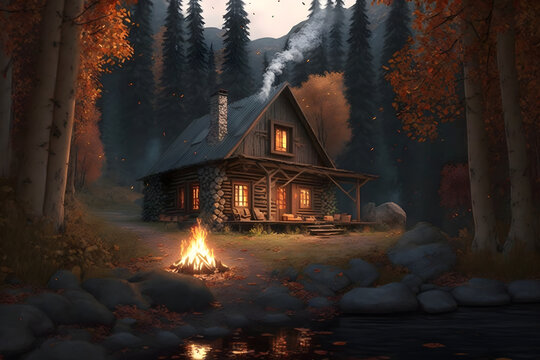 a cozy house and a warm bonfire outside surrounded by autumn trees, Generative AI