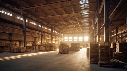 Fototapeta 日が差し込む空の大型倉庫のイメージ　generative ai obraz
