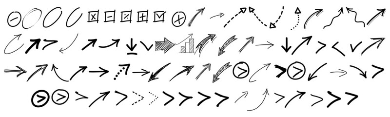 Charcoal hand drawn pencil arrows elements. Scribble lines arrow collection. Doodle curved chalk darts.