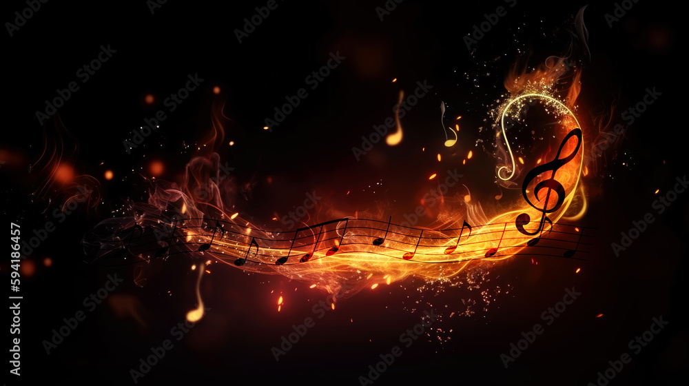 Poster music notes on fire abstract background. generative ai.