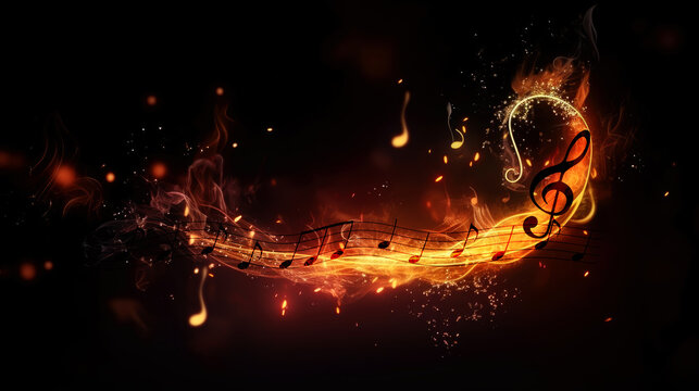 Music notes on fire abstract background. generative ai.