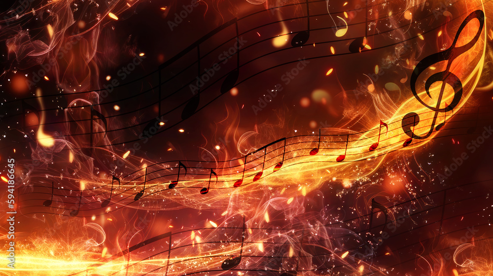 Poster music notes on fire abstract background. generative ai.
