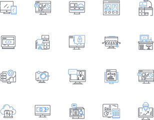 Cloud data line icons collection. Storage, Backup, Security, Accessibility, Scalability, Efficiency, Reliability vector and linear illustration. Integration,Collaboration,Flexibility outline signs set