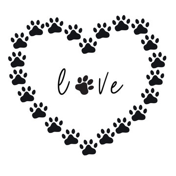Heart from paws. Traces of dogs or cats. Vector silhouette of a heart and the inscription love. The concept of love for animals