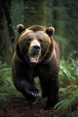 Fototapeta na wymiar Brown bear in the wild. Kamchatka Forest. Wild Grizzle bear roaring aggressively running towards camera generative ai