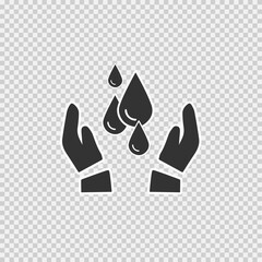 Drops in hands vector icon. Water care symbol. Simple isolated sign