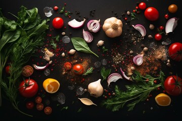 Fototapeta na wymiar Cooking background with vegetable ingredients. Healthy dinner preparation flat lay, with fresh raw tomatoes, onion, garlic, herbs and greens, olive oil, salt, pepper seasonings, on. Generative AI