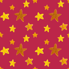 Hand drawn golden stars pattern on Viva Magenta background. For fabric, sketchbook, wallpaper, wrapping paper.