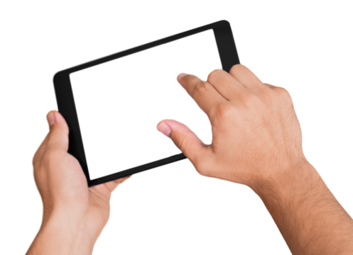 Hands Touching an iPad with Blank Screen