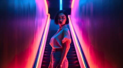 Generative Ai, emale model posing on a staircase, with bright neon lights illuminating the scene.