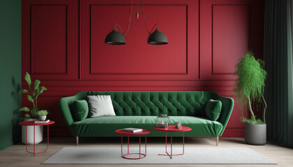 Home interior with red sofa, table and decor in green living room, 3d render,generative ai