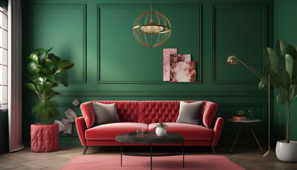 Home interior with red sofa, table and decor in green living room, 3d render,generative ai