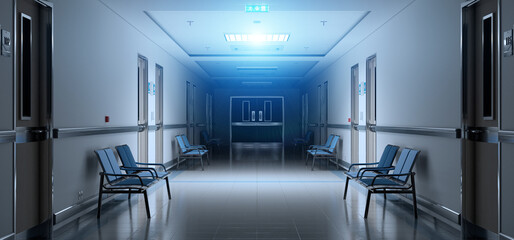 Long dark hospital corridor with rooms and seats 3D rendering. Empty accident and emergency interior with bright lights lighting the hall from the ceiling
