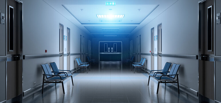 Long Dark Hospital Corridor With Rooms And Seats 3D Rendering. Empty Accident And Emergency Interior With Bright Lights Lighting The Hall From The Ceiling