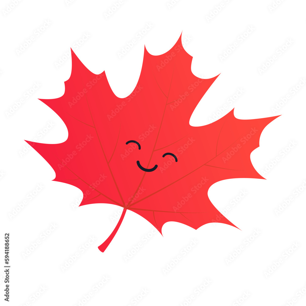 Poster cute smiling face on a red autumn fallen maple tree leaf on white background - design template in ed