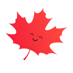 Cute Smiling Face on a Red Autumn Fallen Maple Tree Leaf on White Background - Design Template in Editable Vector Format