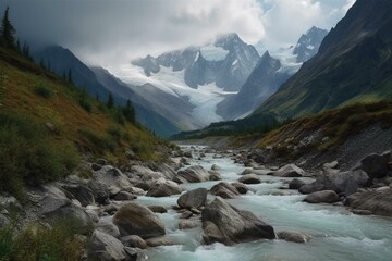 Fototapeta na wymiar Mountains with glacier stream. Generative AI