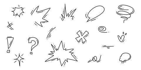 Doodle set cartoon expressions effects. Hand drawn emoticon effects design elements. vector illustration