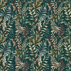 Beautiful seamless pattern with hand drawn watercolor colorful leaves. Stock illustration. Wallpapper textile fabric design.