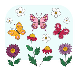 Set of butterflies and flowers in cartoon style.