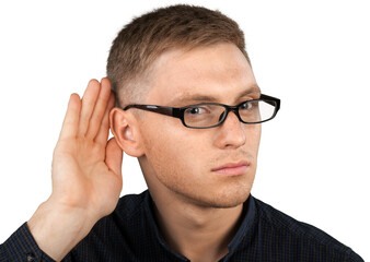 Young handsome Man listening with hand on ear isolated on white background