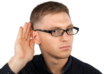 Young handsome Man listening with hand on ear isolated on white background