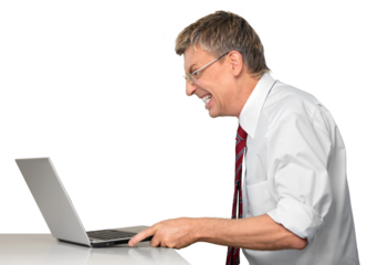 Frustrated businessman using a laptop