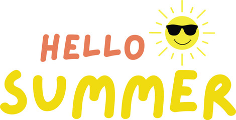 Hello Summer text with funny sun icon, vector background, isolated on white. ZIP file contains EPS, JPEG and PNG formats. 