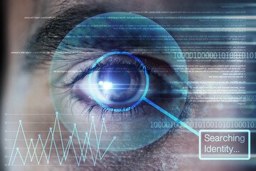Identity, hologram or man with eye scan in digital cybersecurity technology for Information...