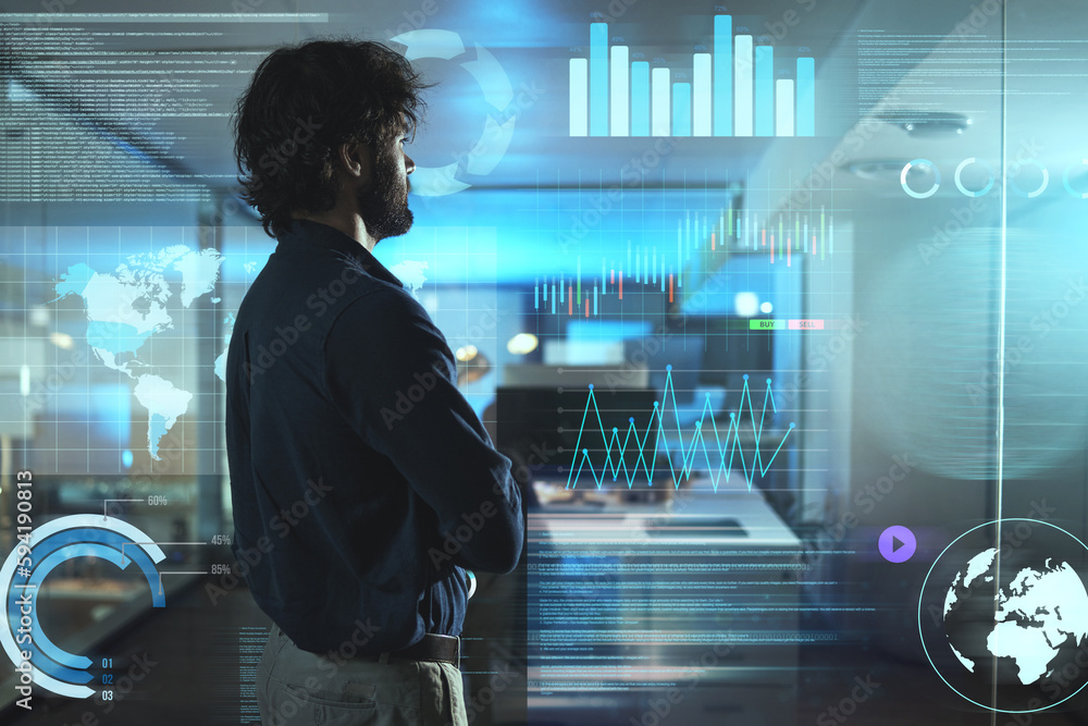 Aufkleber Monitor hologram, business man and information technology, data analytics or global networking of graphs and charts. Person with digital, night holographic or overlay statistics, globe and 3d screen